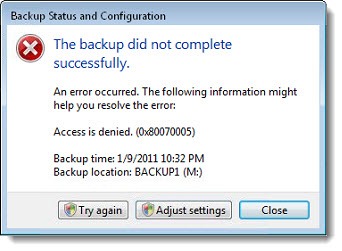 Błąd tworzenia kopii zapasowej systemu Windows Vista