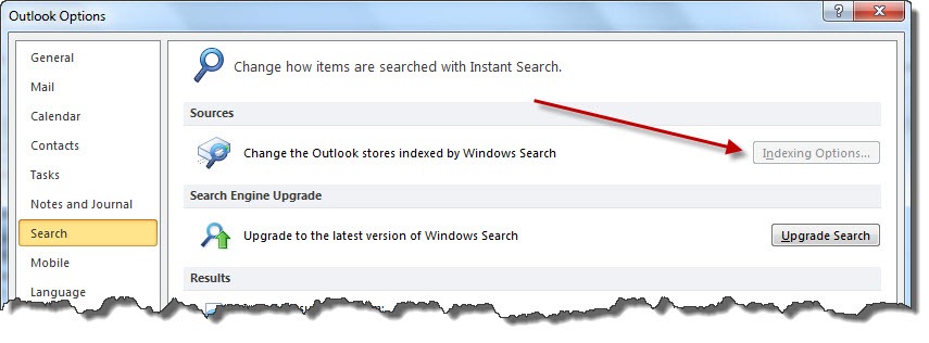 how to enable search option in outlook 2010