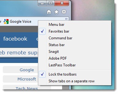 Internet Explorer 9 Favorites Bar checkmark