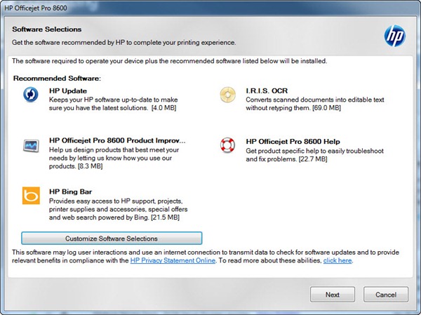 HP OfficeJet Pro 8600 Plus install setup screen - bloatware