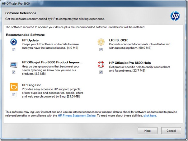 HP OfficeJet Pro 8600 Plus install setup screen - bloatware