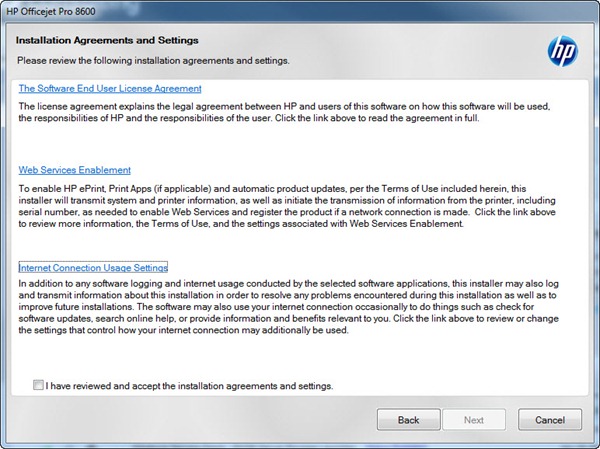 HP OfficeJet Pro 8600 Plus install setup screen - bloatware
