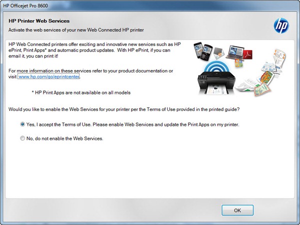 HP OfficeJet Pro 8600 Plus install setup screen - web services & ePrint