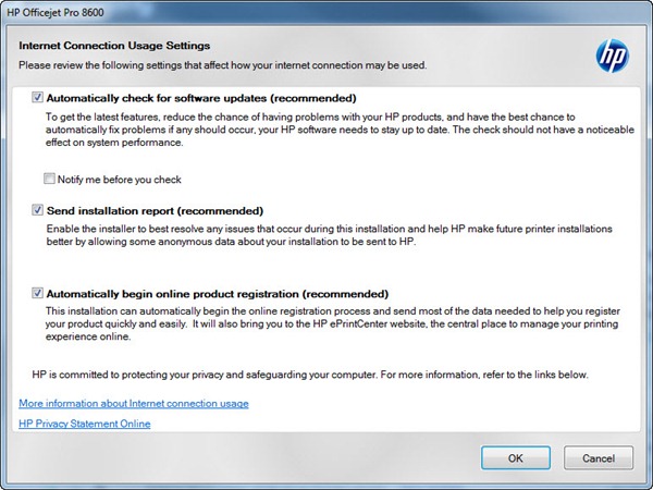 HP OfficeJet Pro 8600 Plus install setup screen - Internet connection usage settings