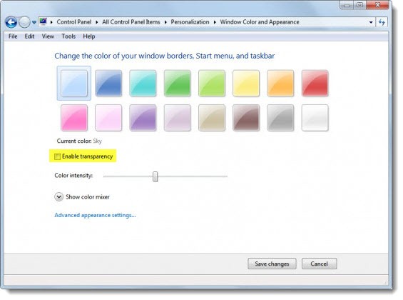 Windows 7 - disable transparency - checkmark