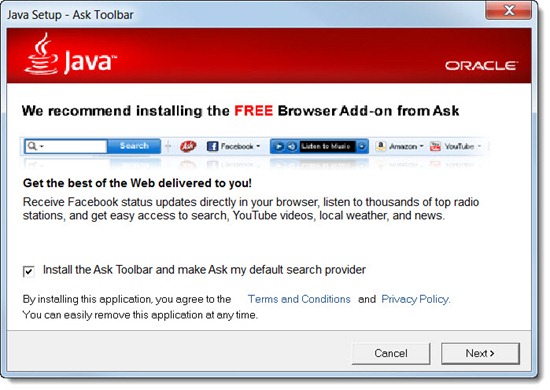 Unwanted toolbars - Ask Toolbar and Java