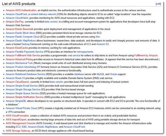 Amazon Web Services - Wikipedia list of AWS products