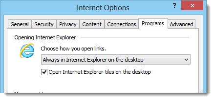 Windows 8 - Internet Explorer - open links on desktop