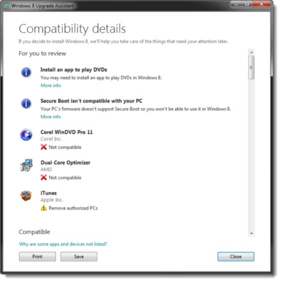 Windows 8 Upgrade Assistant - compatibility details