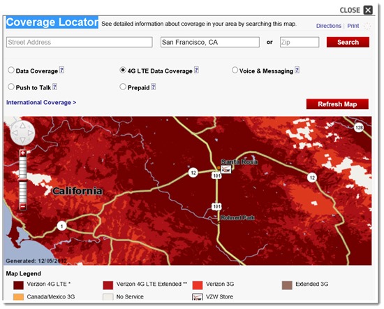 Verizon 4G LTE coverage in Sonoma County