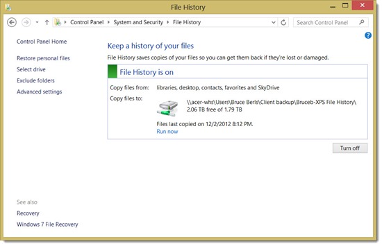 Windows 8 File History - turn on in Control Panel