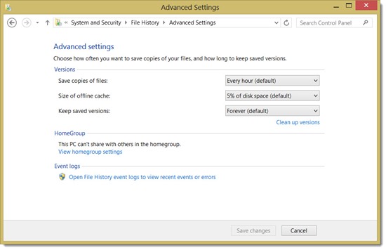 Windows 8 File History - settings