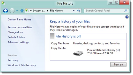Windows 8 File History - turn on in Control Panel
