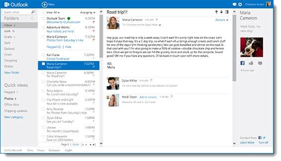 Outlook.com inbox UI