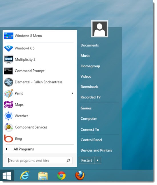 windows 8 start menu restore