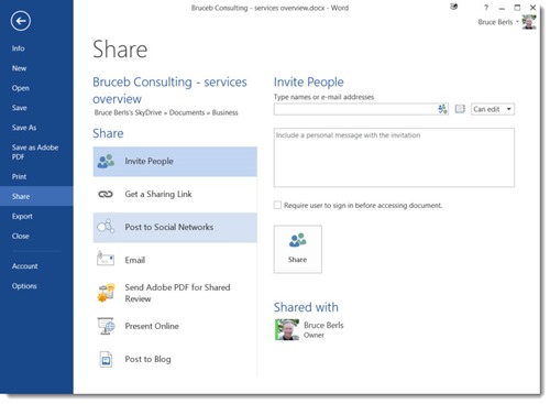 Office 2013 - share to Skydrive