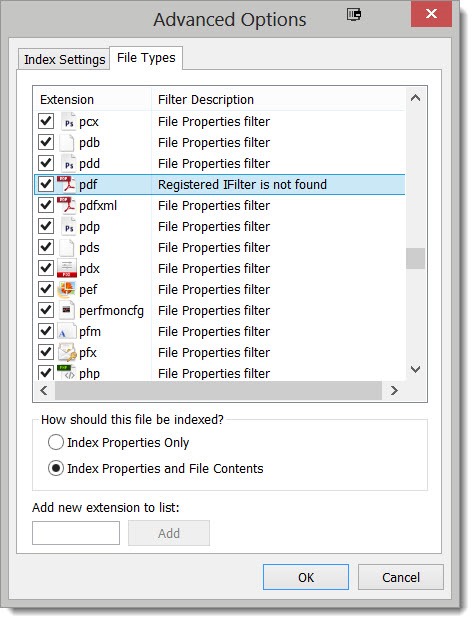 Adobe PDF "registered ifilter is not found"