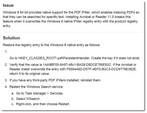 Adobe Acrobat iFilter PDF search stops working on Windows 8 x64