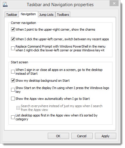 Windows 8.1 navigation options
