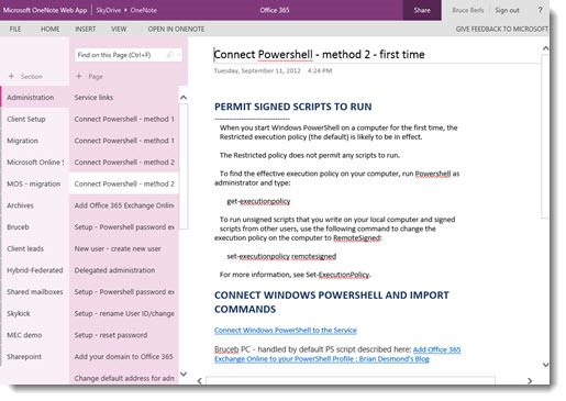 OneNote.com two-column navigation