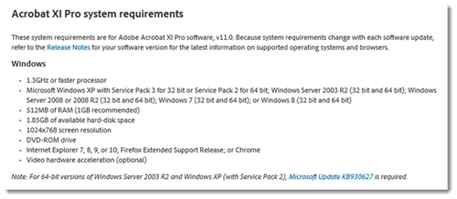 Adobe Acrobat XI Pro system requirements