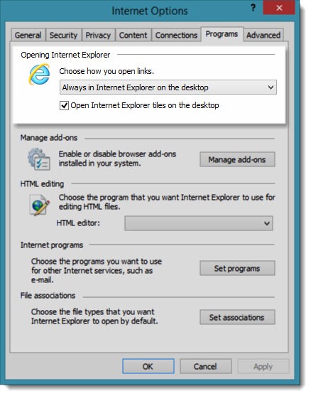 Windows 8.1 - Internet Explorer - open on desktop