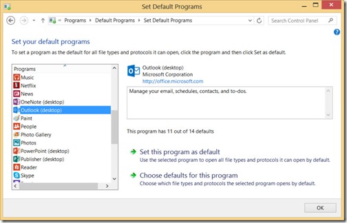 Windows 8.1 - Outlook - set as default program