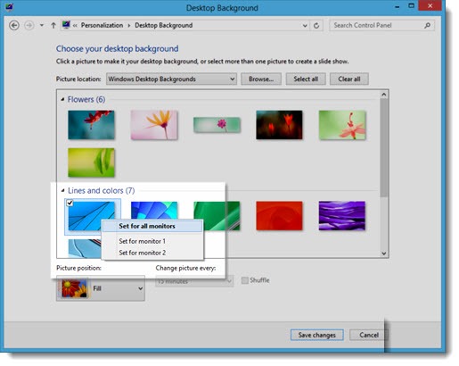 Windows 8 desktop background - right click to set wallpaper for each monitor