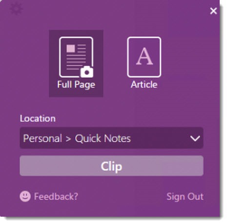 OneNote Clipper - Internet Explorer - clip full page or article