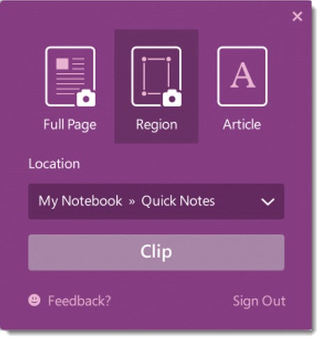 OneNote for Chrome - adds a region button
