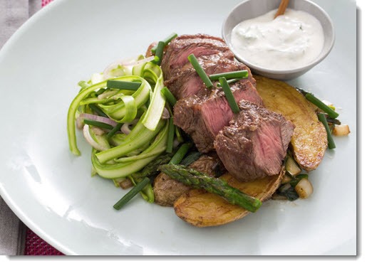 Blue Apron - flat iron steaks with ramps, fingerling potatoes and shaved asparagus salad