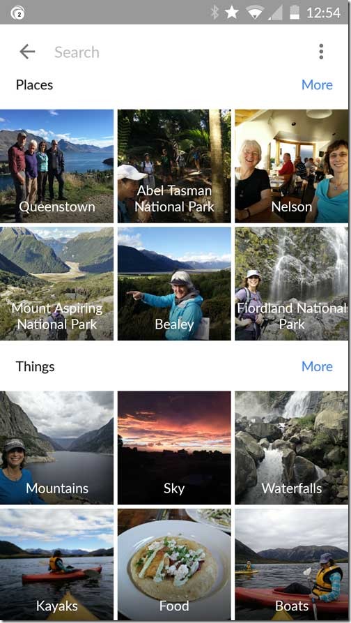 Google Photos automatically offers searches by person, place, or thing