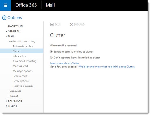 Office 365 - turn on Clutter in mail options