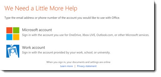 Office 365 - choose Microsoft account or work account