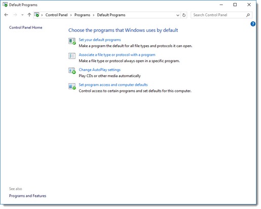 Windows 10 - set default programs
