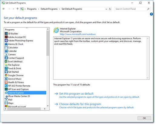 Windows 10 - set Internet Explorer as default browser