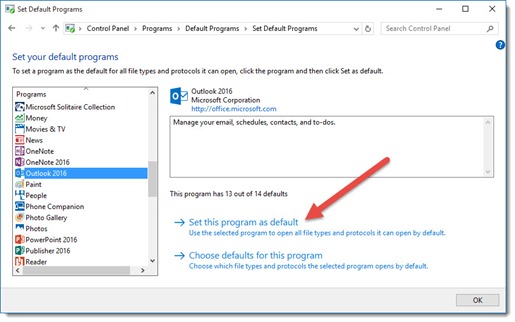 Set Outlook as the default mail client