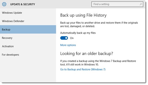 Turn on File History in Windows 10