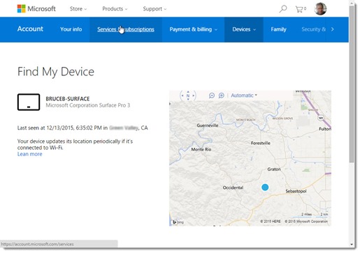 Windows 10 - Find My Device map