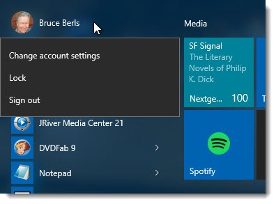 Windows 10 - sign out from top of Start menu