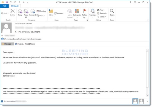 Locky malware - email message