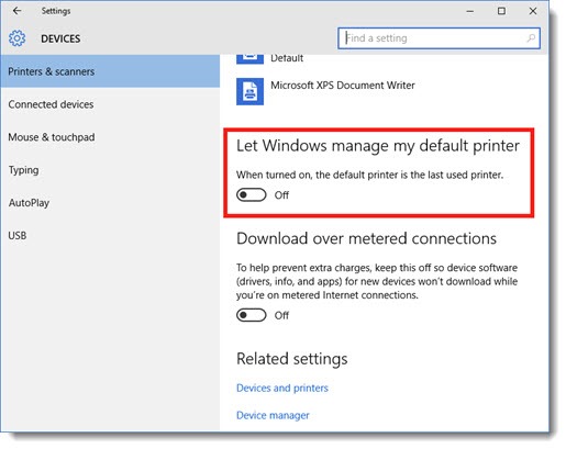 windows 10 change default printer