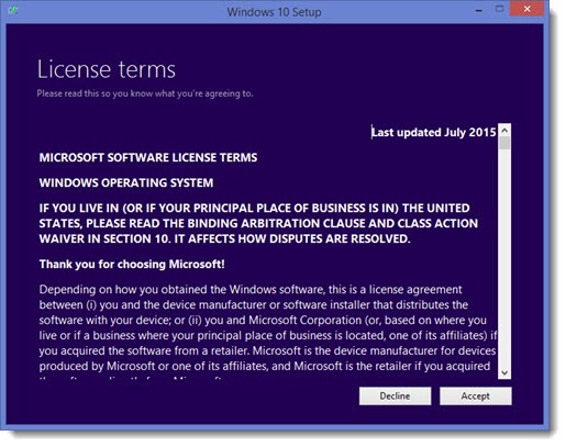 Windows 10 EULA license agreement