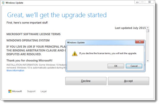 Windows 10 EULA pre-upgrade license agreement