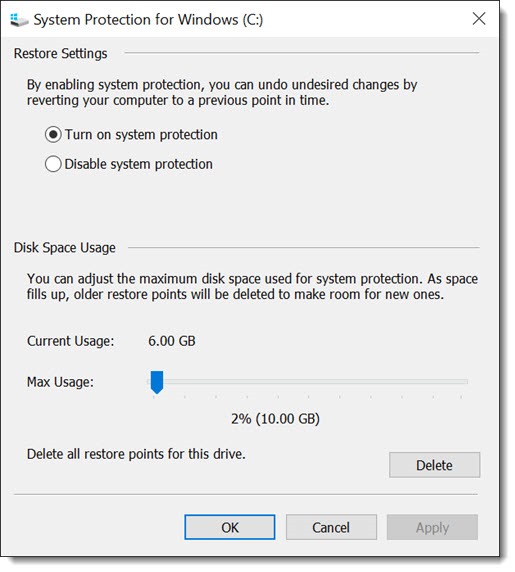 Windows 10 System Restore configuration
