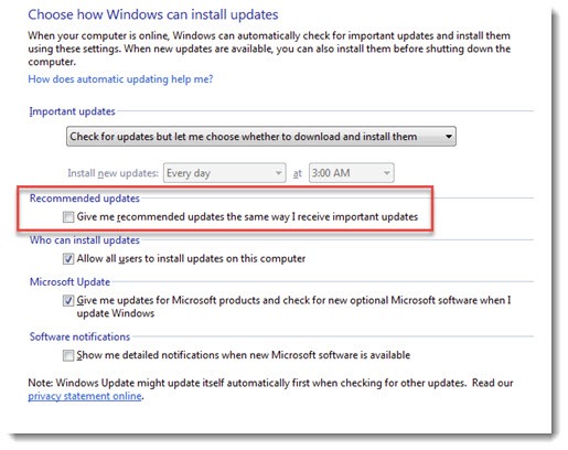 Windows Update - turn off recommended updates