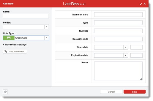 LastPass Secure Notes - credit card template