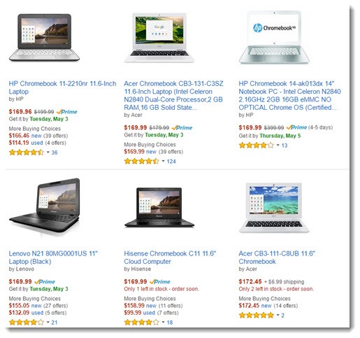 Chromebooks - some typical low price Chromebooks from Amazon