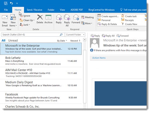 Outlook 2016 inbox - folder pane turned off