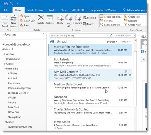 Outlook 2016 inbox - normal view with folder pane